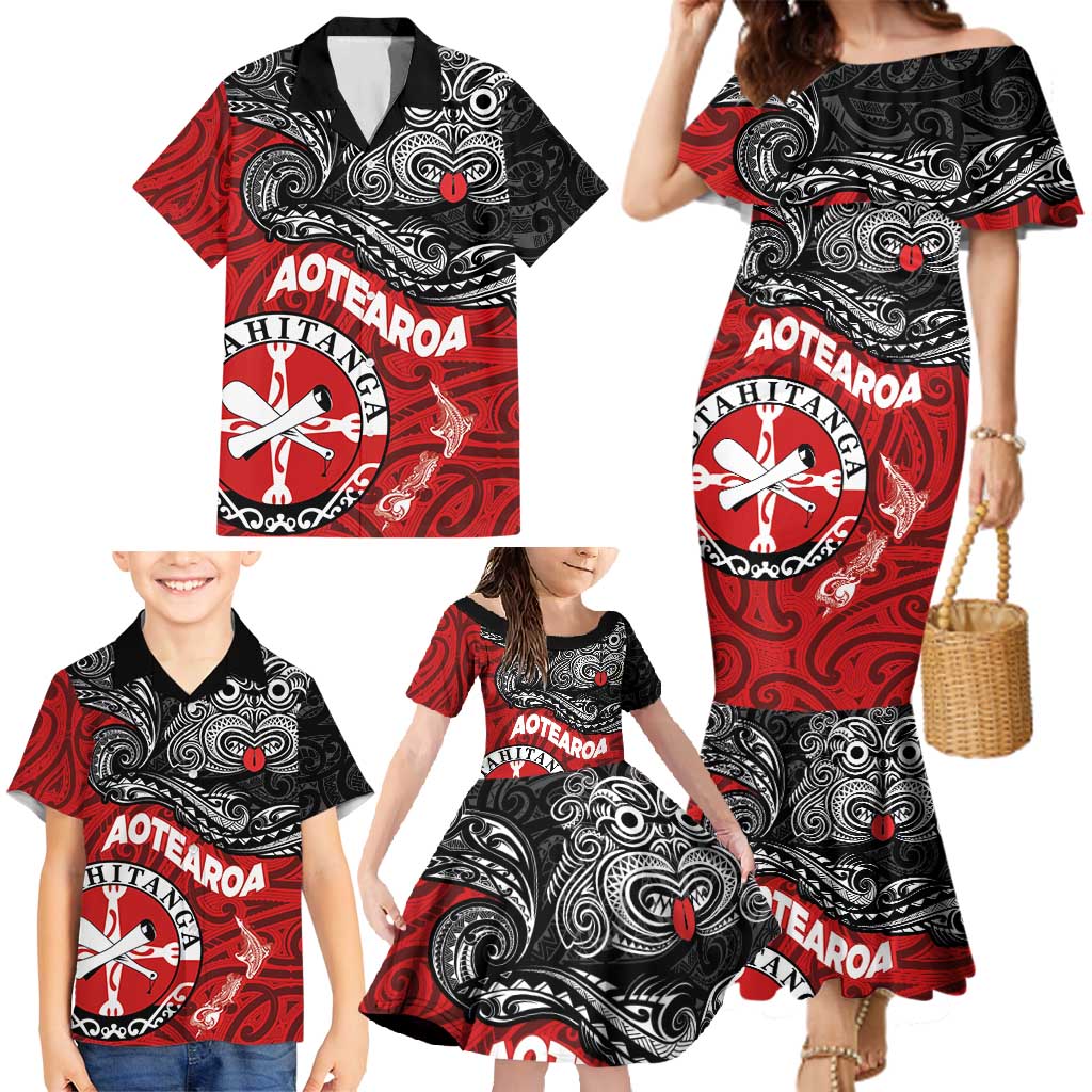 Maori Kotahitanga Family Matching Mermaid Dress and Hawaiian Shirt Aotearoa Spirit with Maori Mask and Polynesian Art Tattoo LT03 - Polynesian Pride