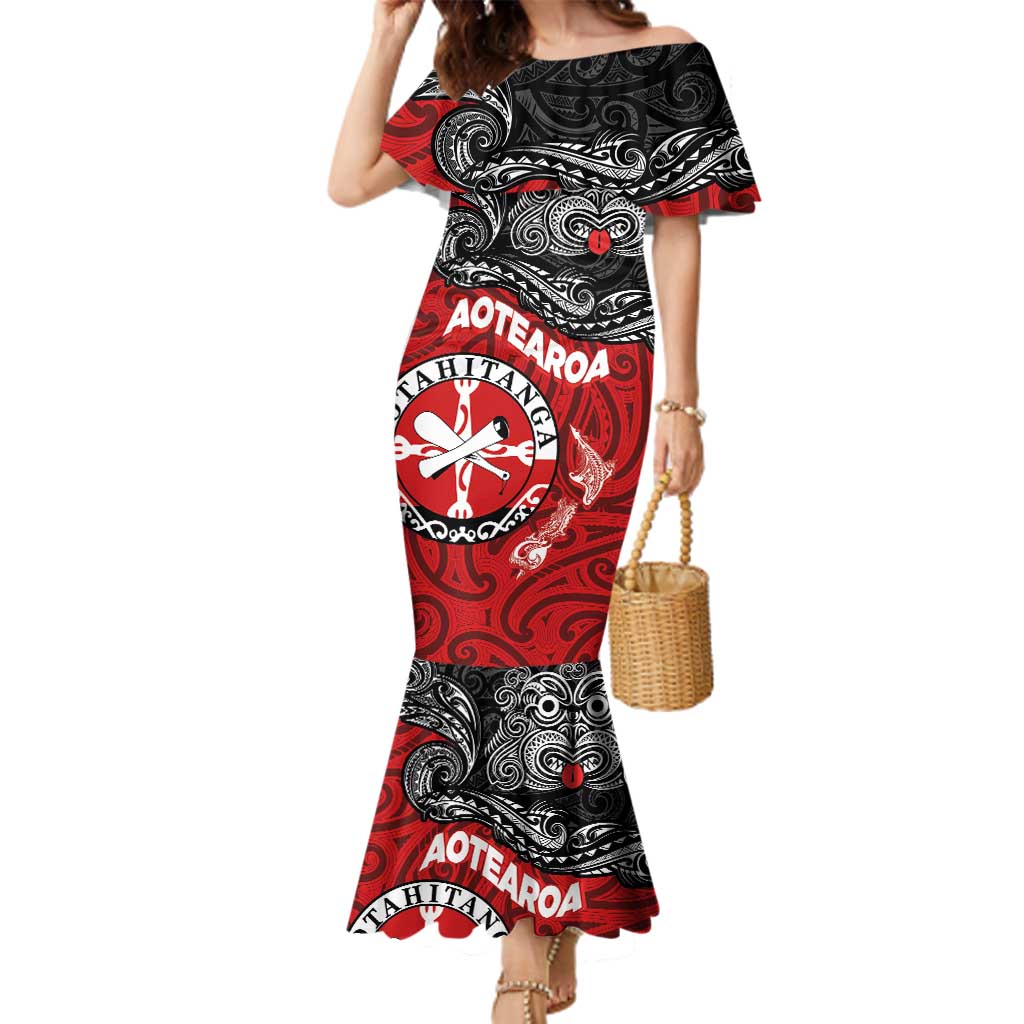 Maori Kotahitanga Family Matching Mermaid Dress and Hawaiian Shirt Aotearoa Spirit with Maori Mask and Polynesian Art Tattoo LT03 Mom's Dress Red - Polynesian Pride