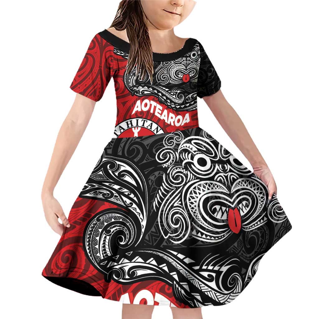 Maori Kotahitanga Family Matching Off Shoulder Short Dress and Hawaiian Shirt Aotearoa Spirit with Maori Mask and Polynesian Art Tattoo LT03 Daughter's Dress Red - Polynesian Pride