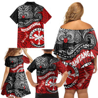 Maori Kotahitanga Family Matching Off Shoulder Short Dress and Hawaiian Shirt Aotearoa Spirit with Maori Mask and Polynesian Art Tattoo LT03 - Polynesian Pride