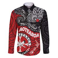 Maori Kotahitanga Family Matching Off Shoulder Short Dress and Hawaiian Shirt Aotearoa Spirit with Maori Mask and Polynesian Art Tattoo LT03 Dad's Shirt - Long Sleeve Red - Polynesian Pride