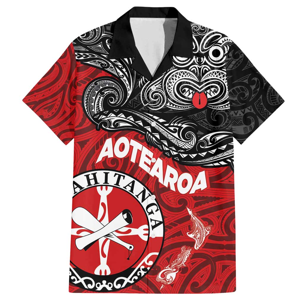 Maori Kotahitanga Family Matching Puletasi and Hawaiian Shirt Aotearoa Spirit with Maori Mask and Polynesian Art Tattoo LT03 Dad's Shirt - Short Sleeve Red - Polynesian Pride