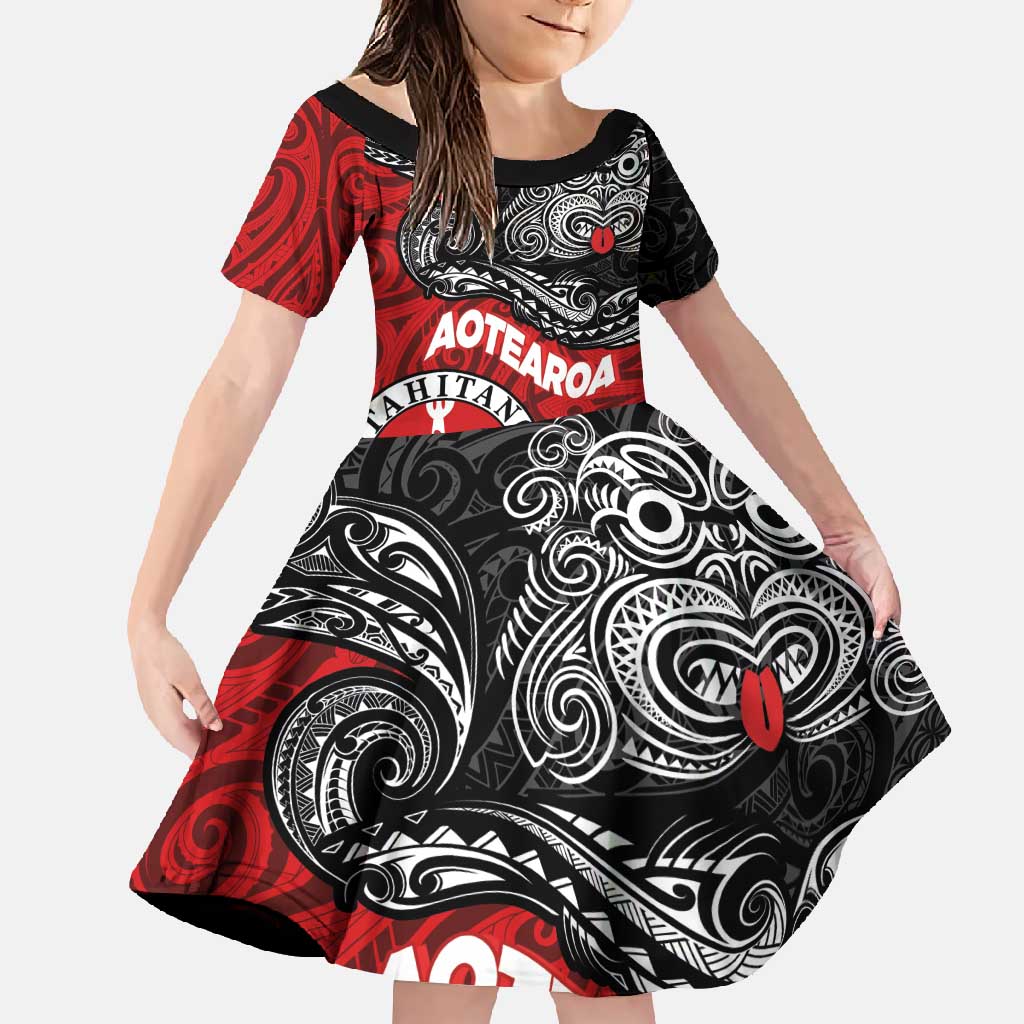 Maori Kotahitanga Family Matching Short Sleeve Bodycon Dress and Hawaiian Shirt Aotearoa Spirit with Maori Mask and Polynesian Art Tattoo LT03 Daughter's Dress Red - Polynesian Pride