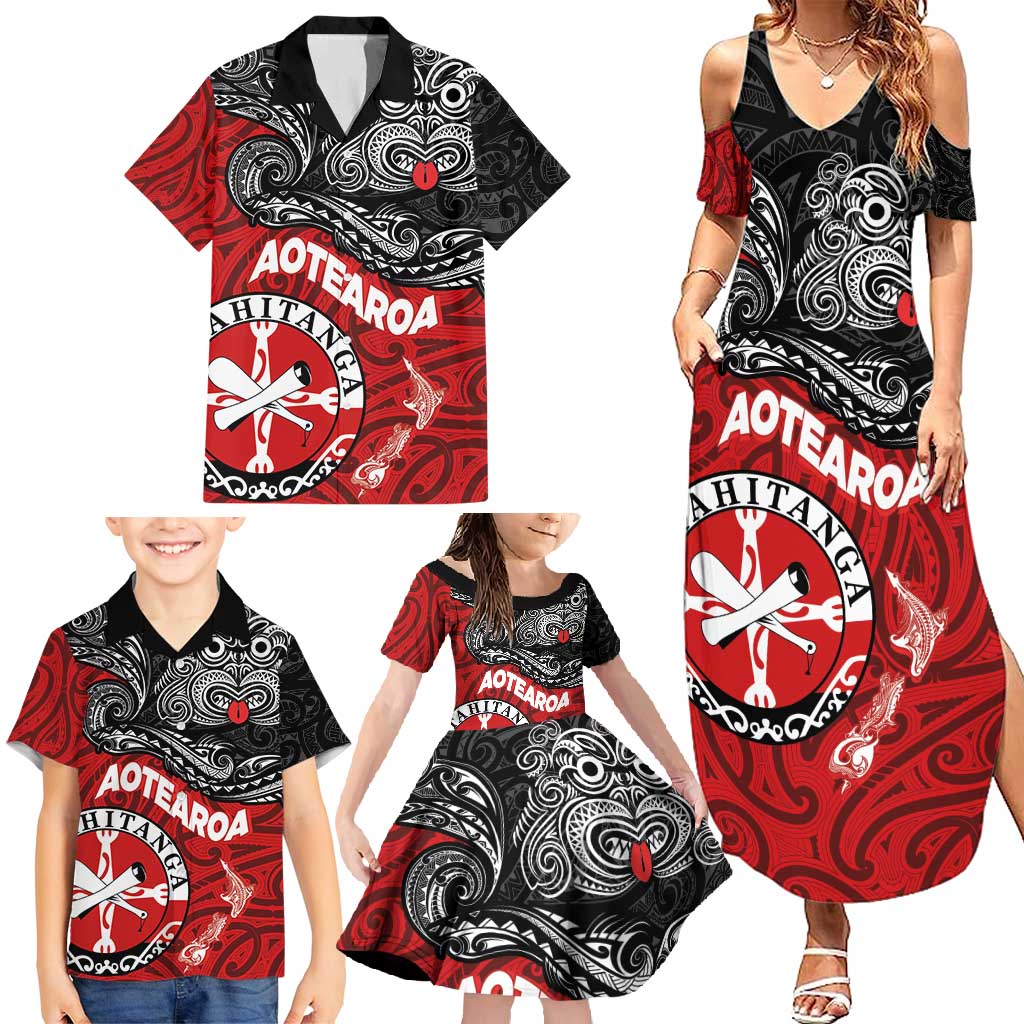 Maori Kotahitanga Family Matching Summer Maxi Dress and Hawaiian Shirt Aotearoa Spirit with Maori Mask and Polynesian Art Tattoo LT03 - Polynesian Pride