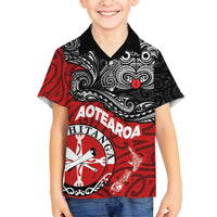 Maori Kotahitanga Family Matching Tank Maxi Dress and Hawaiian Shirt Aotearoa Spirit with Maori Mask and Polynesian Art Tattoo LT03 Son's Shirt Red - Polynesian Pride