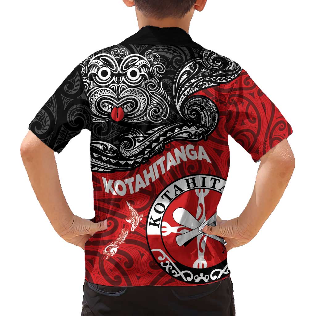 Maori Kotahitanga Kid Hawaiian Shirt Aotearoa Spirit with Maori Mask and Polynesian Art Tattoo