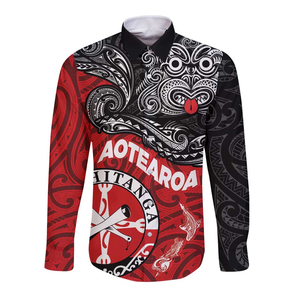 Maori Kotahitanga Long Sleeve Button Shirt Aotearoa Spirit with Maori Mask and Polynesian Art Tattoo LT03 Unisex Red - Polynesian Pride