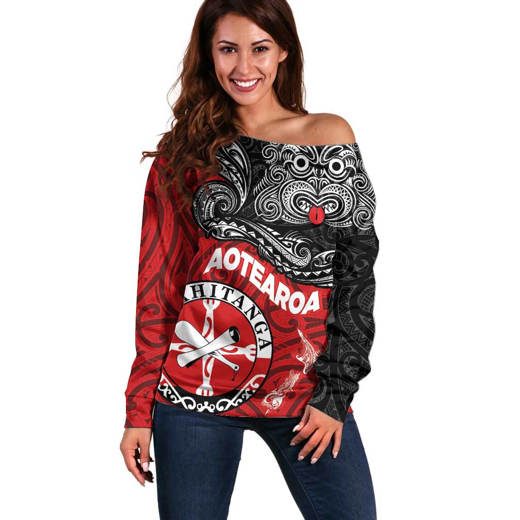 Maori Kotahitanga Off Shoulder Sweater Aotearoa Spirit with Maori Mask and Polynesian Art Tattoo