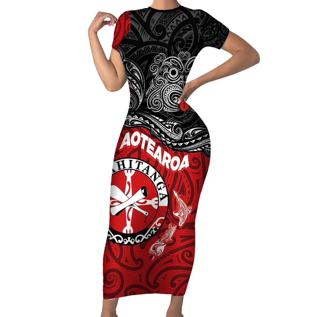 Maori Kotahitanga Short Sleeve Bodycon Dress Aotearoa Spirit with Maori Mask and Polynesian Art Tattoo