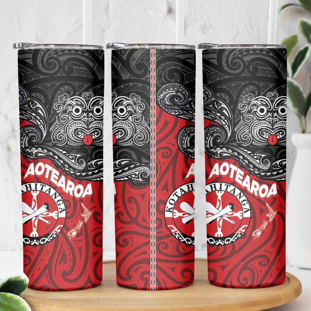 Maori Kotahitanga Skinny Tumbler Aotearoa Spirit with Maori Mask and Polynesian Art Tattoo LT03 - Polynesian Pride