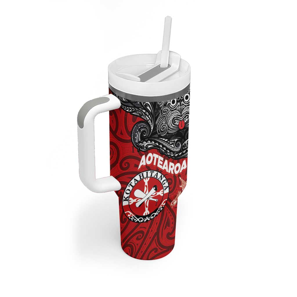 Maori Kotahitanga Tumbler With Handle Aotearoa Spirit with Maori Mask and Polynesian Art Tattoo LT03