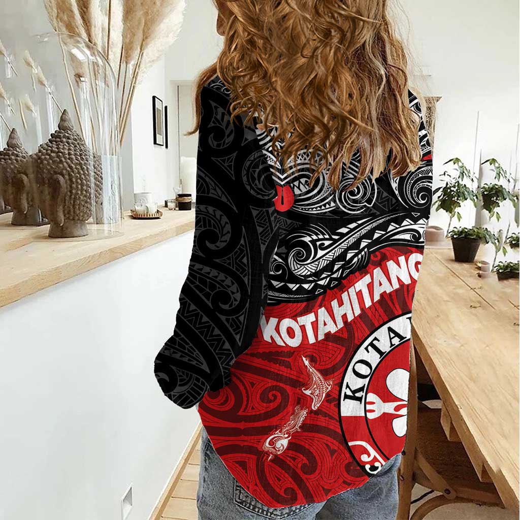 Maori Kotahitanga Women Casual Shirt Aotearoa Spirit with Maori Mask and Polynesian Art Tattoo LT03 - Polynesian Pride