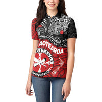Maori Kotahitanga Women Polo Shirt Aotearoa Spirit with Maori Mask and Polynesian Art Tattoo