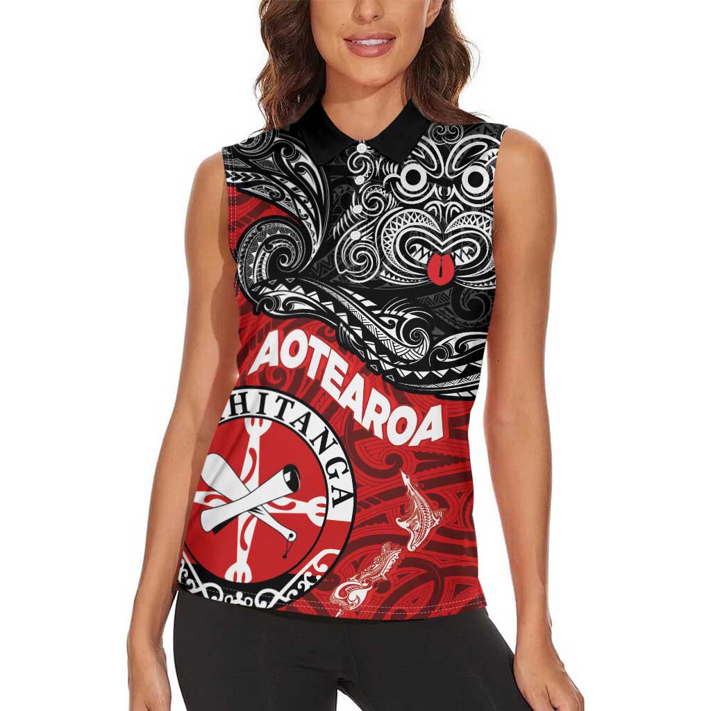 Maori Kotahitanga Women Sleeveless Polo Shirt Aotearoa Spirit with Maori Mask and Polynesian Art Tattoo