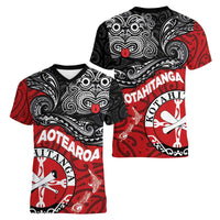 Maori Kotahitanga Women V-Neck T-Shirt Aotearoa Spirit with Maori Mask and Polynesian Art Tattoo LT03 - Polynesian Pride