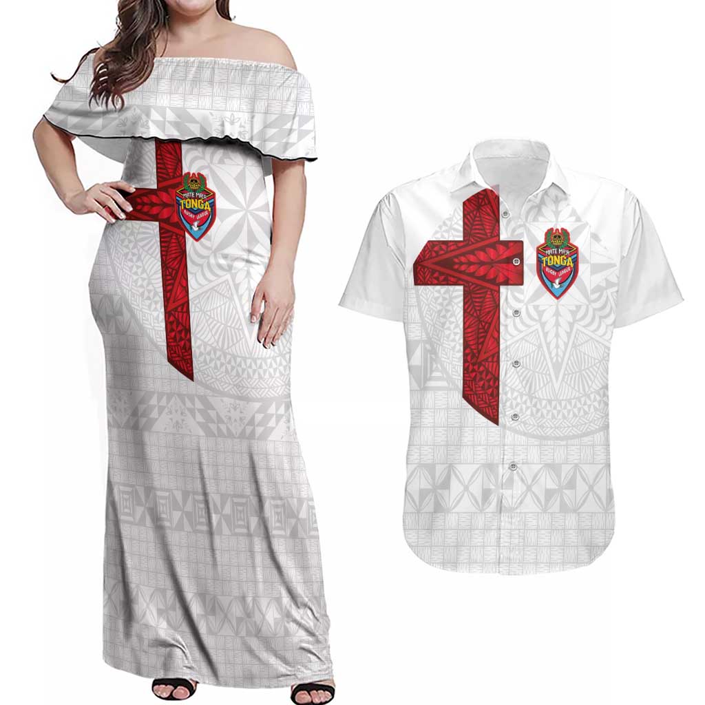 Custom Tonga Ngatu Art Rugby Mate Ma'a Couples Matching Off Shoulder Maxi Dress and Hawaiian Shirt - Polynesian Pride