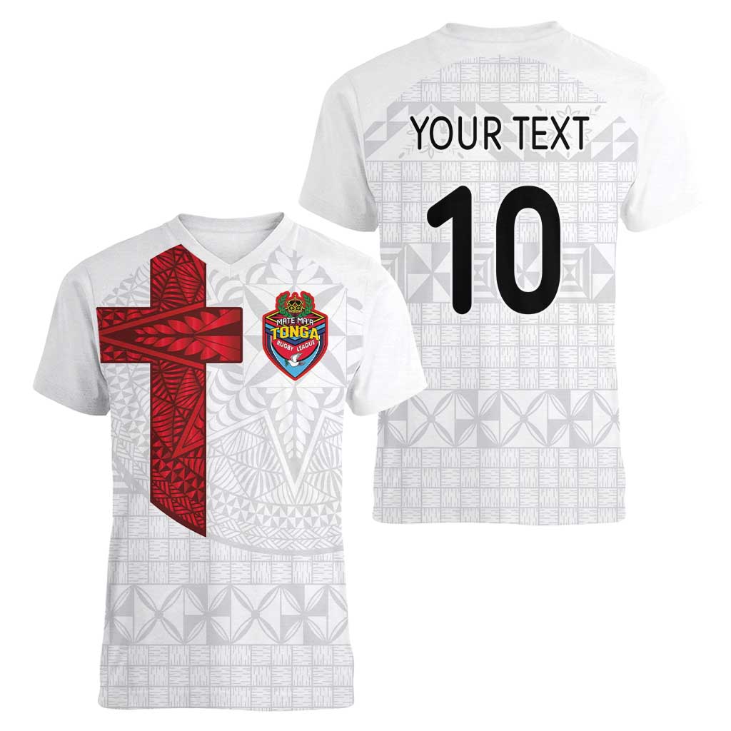 Custom Tonga Ngatu Art Rugby Mate Ma'a Women V-Neck T-Shirt - Polynesian Pride