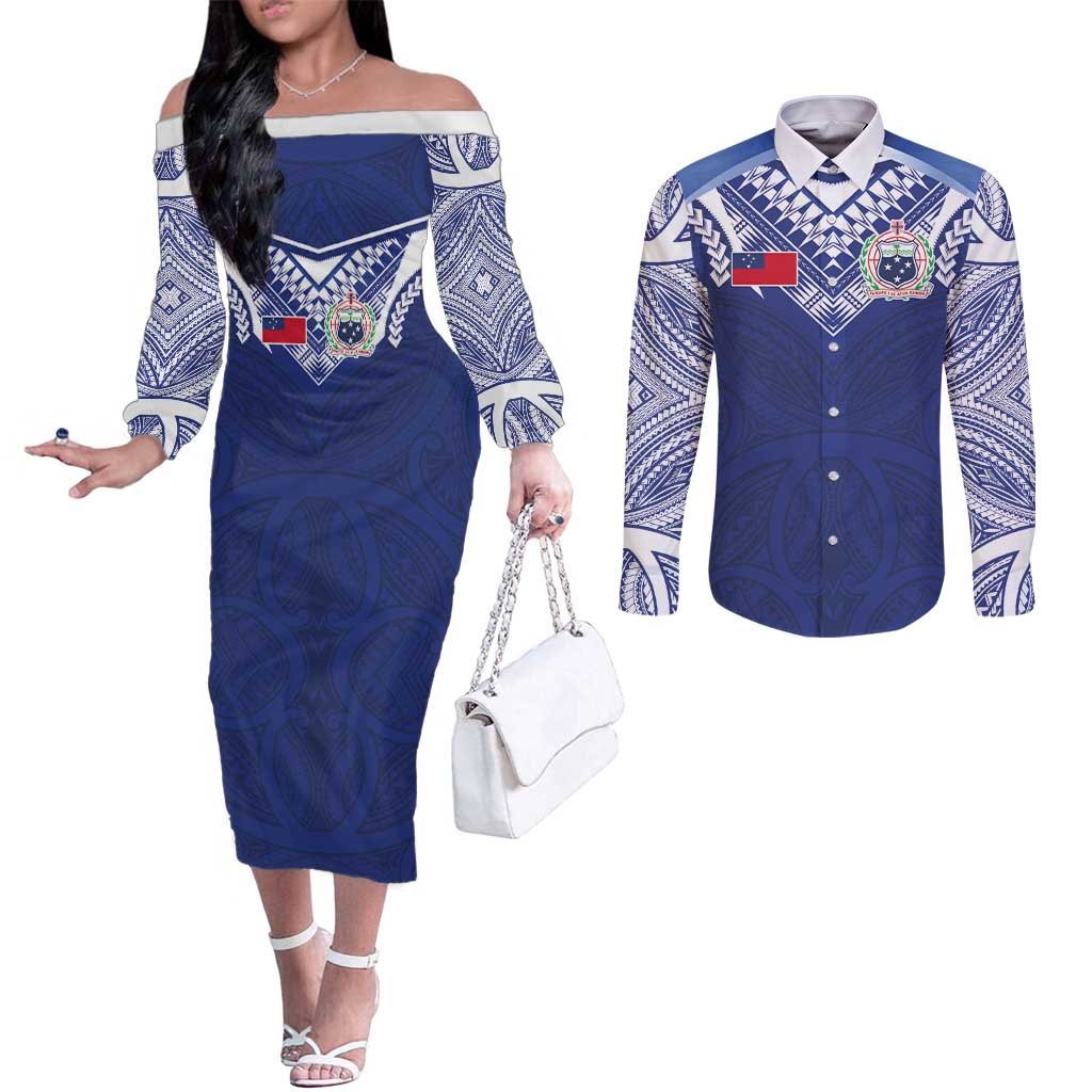 Custom Samoa Rugby Couples Matching Off The Shoulder Long Sleeve Dress and Long Sleeve Button Shirt Pacific Motifs - Polynesian Pride