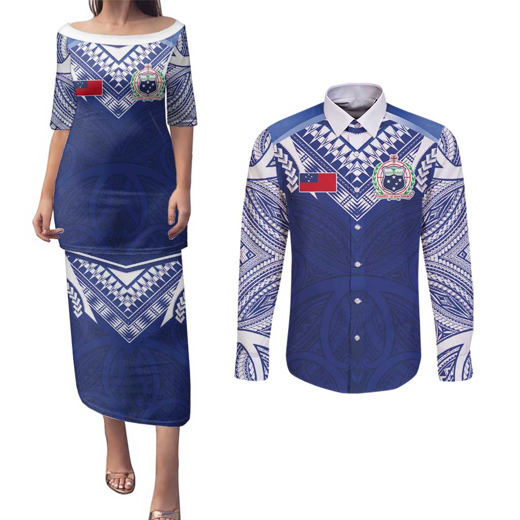 Custom Samoa Rugby Couples Matching Puletasi and Long Sleeve Button Shirt Pacific Motifs - Polynesian Pride