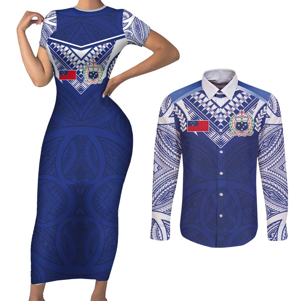 Custom Samoa Rugby Couples Matching Short Sleeve Bodycon Dress and Long Sleeve Button Shirt Pacific Motifs - Polynesian Pride