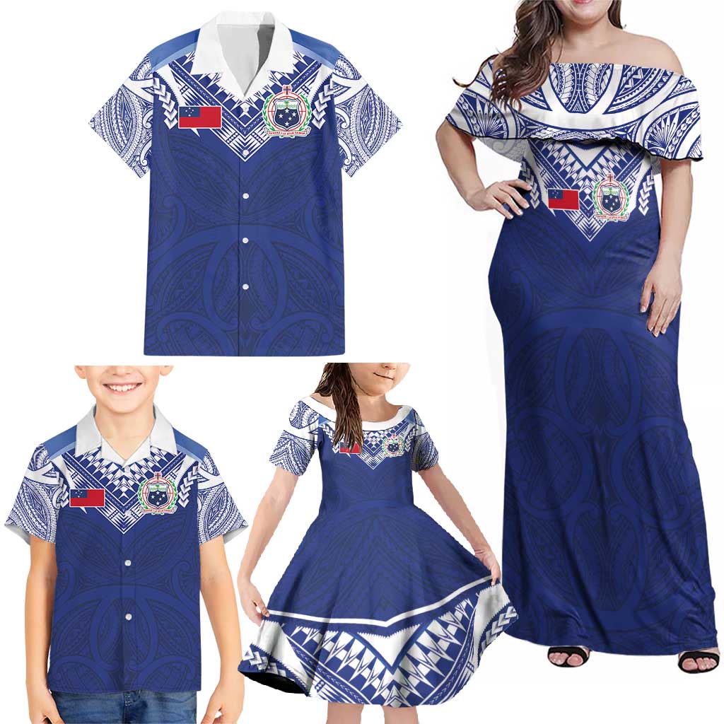 Custom Samoa Rugby Family Matching Off Shoulder Maxi Dress and Hawaiian Shirt Pacific Motifs - Polynesian Pride