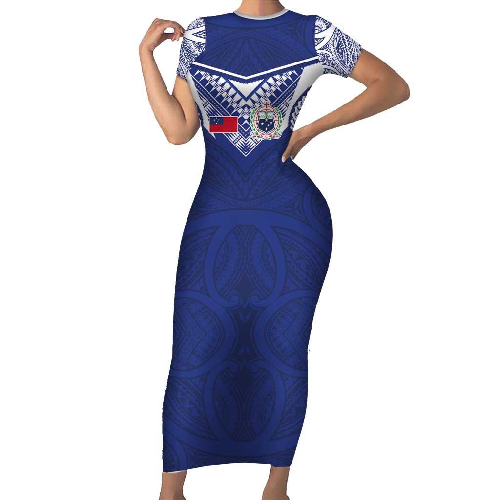 Custom Samoa Rugby Short Sleeve Bodycon Dress Pacific Motifs - Polynesian Pride