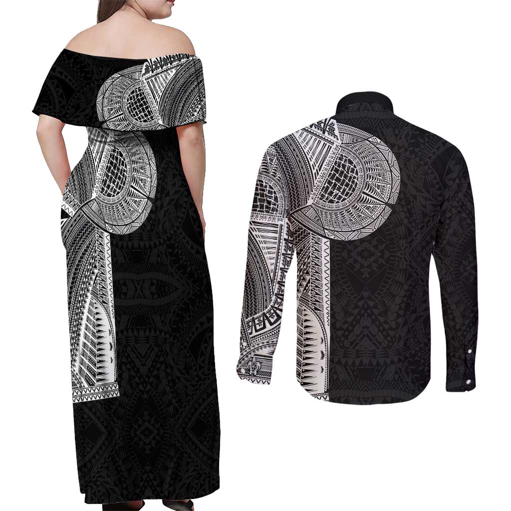 Samoan Tatau Couples Matching Off Shoulder Maxi Dress and Long Sleeve Button Shirt Art Tribal Traditional Tattoos - Polynesian Pride