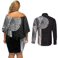 Samoan Tatau Couples Matching Off Shoulder Short Dress and Long Sleeve Button Shirt Art Tribal Traditional Tattoos - Polynesian Pride