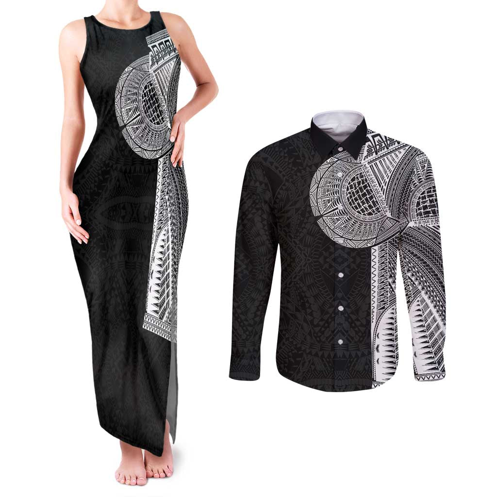 Samoan Tatau Couples Matching Tank Maxi Dress and Long Sleeve Button Shirt Art Tribal Traditional Tattoos LT03 Black - Polynesian Pride