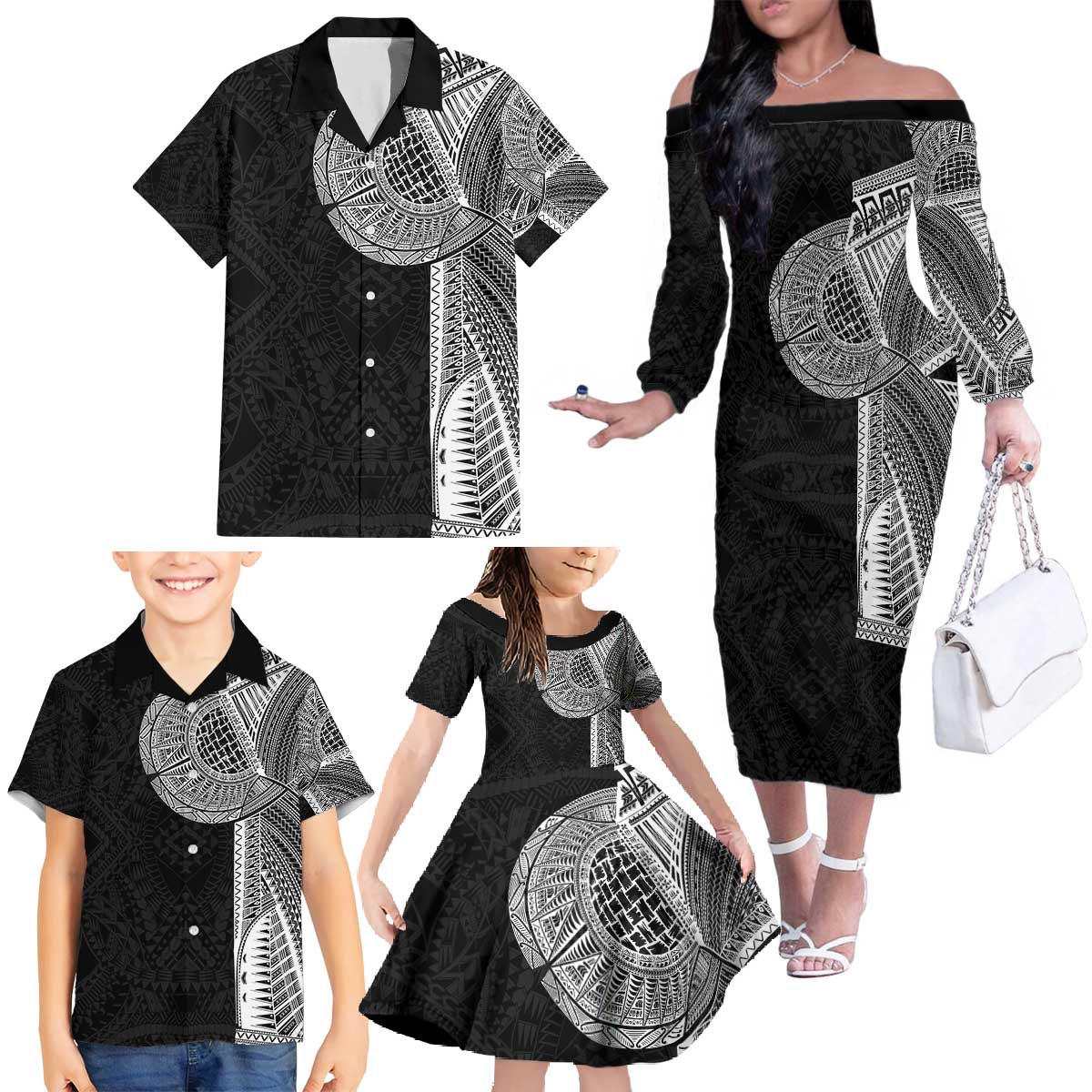 Samoan Tatau Family Matching Off The Shoulder Long Sleeve Dress and Hawaiian Shirt Art Tribal Traditional Tattoos - Polynesian Pride