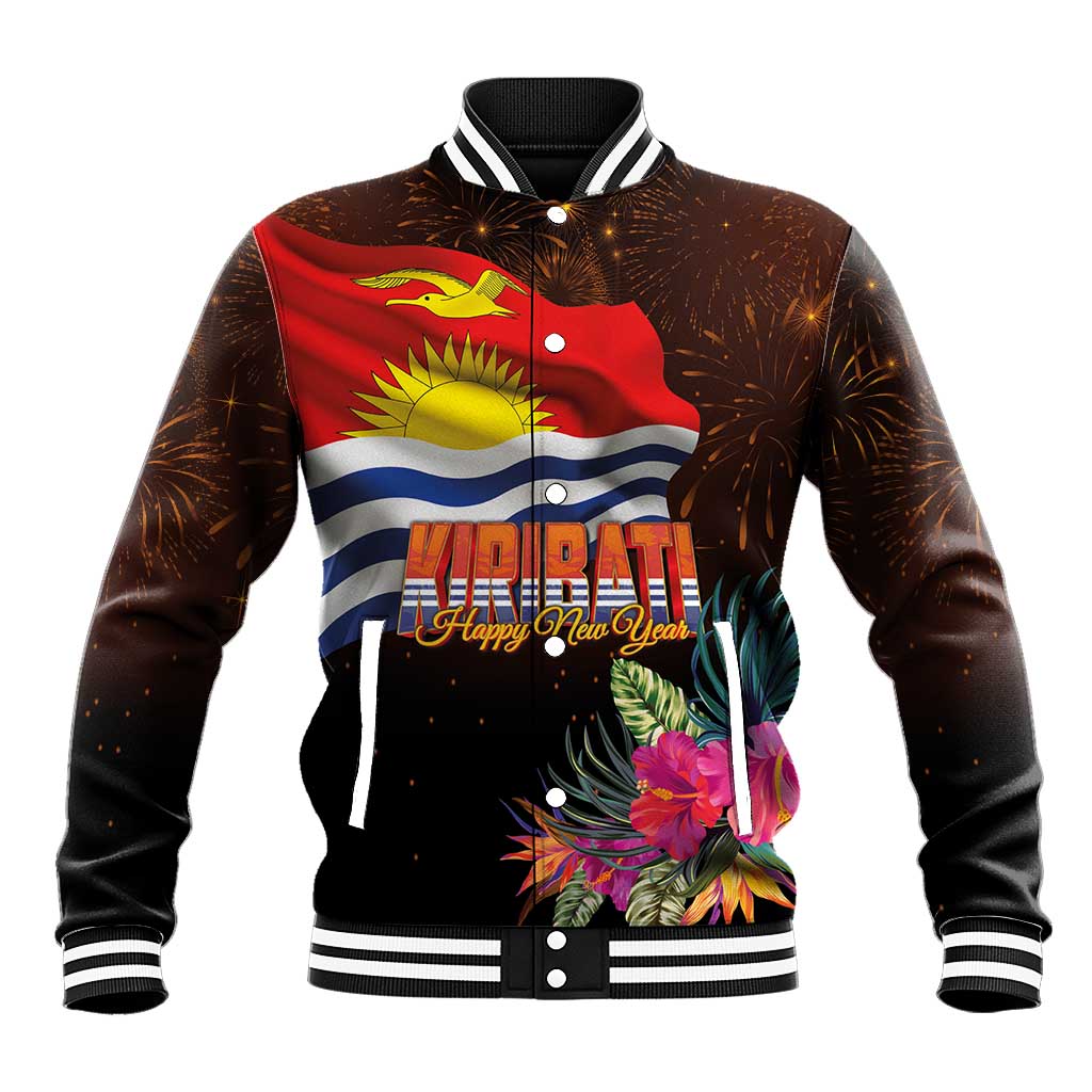 Kiribati Flag and Fireworks Baseball Jacket First Place Welcome the New Year LT03 Unisex Black - Polynesian Pride