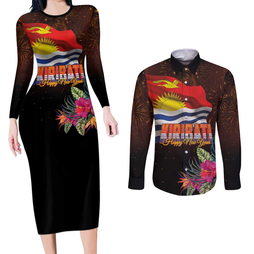 Kiribati Flag and Fireworks Couples Matching Long Sleeve Bodycon Dress and Long Sleeve Button Shirt First Place Welcome the New Year LT03 Black - Polynesian Pride