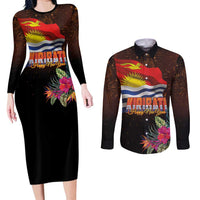Kiribati Flag and Fireworks Couples Matching Long Sleeve Bodycon Dress and Long Sleeve Button Shirt First Place Welcome the New Year LT03 Black - Polynesian Pride