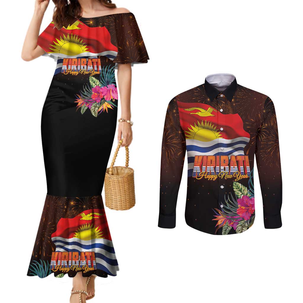 Kiribati Flag and Fireworks Couples Matching Mermaid Dress and Long Sleeve Button Shirt First Place Welcome the New Year LT03 Black - Polynesian Pride