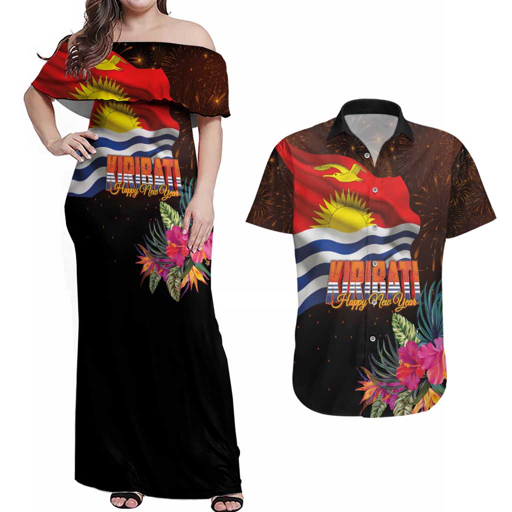 Kiribati Flag and Fireworks Couples Matching Off Shoulder Maxi Dress and Hawaiian Shirt First Place Welcome the New Year - Polynesian Pride