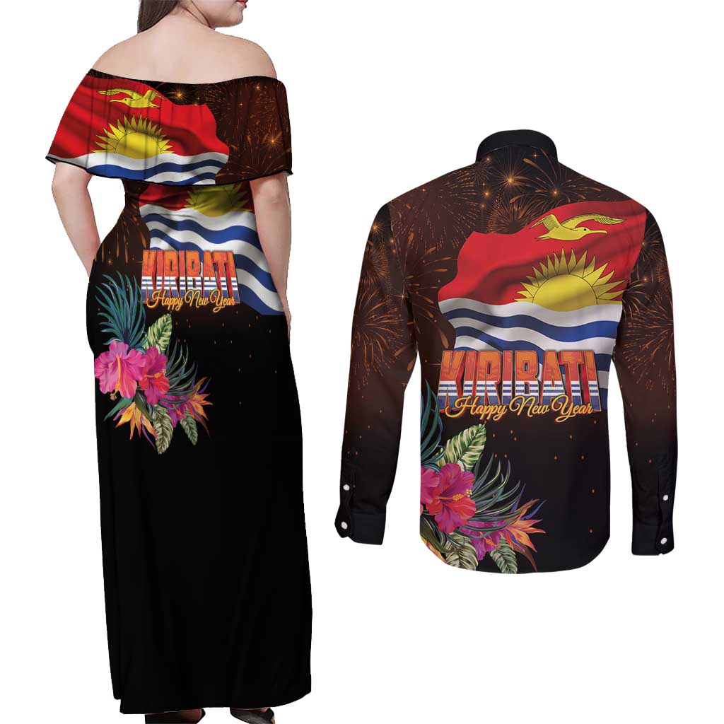 Kiribati Flag and Fireworks Couples Matching Off Shoulder Maxi Dress and Long Sleeve Button Shirt First Place Welcome the New Year LT03 - Polynesian Pride