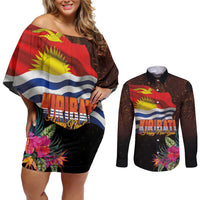 Kiribati Flag and Fireworks Couples Matching Off Shoulder Short Dress and Long Sleeve Button Shirt First Place Welcome the New Year LT03 Black - Polynesian Pride