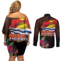 Kiribati Flag and Fireworks Couples Matching Off Shoulder Short Dress and Long Sleeve Button Shirt First Place Welcome the New Year LT03 - Polynesian Pride