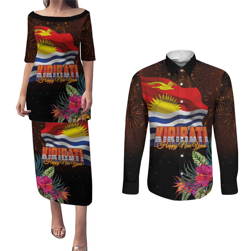 Kiribati Flag and Fireworks Couples Matching Puletasi and Long Sleeve Button Shirt First Place Welcome the New Year LT03 Black - Polynesian Pride