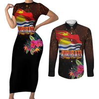Kiribati Flag and Fireworks Couples Matching Short Sleeve Bodycon Dress and Long Sleeve Button Shirt First Place Welcome the New Year LT03 Black - Polynesian Pride