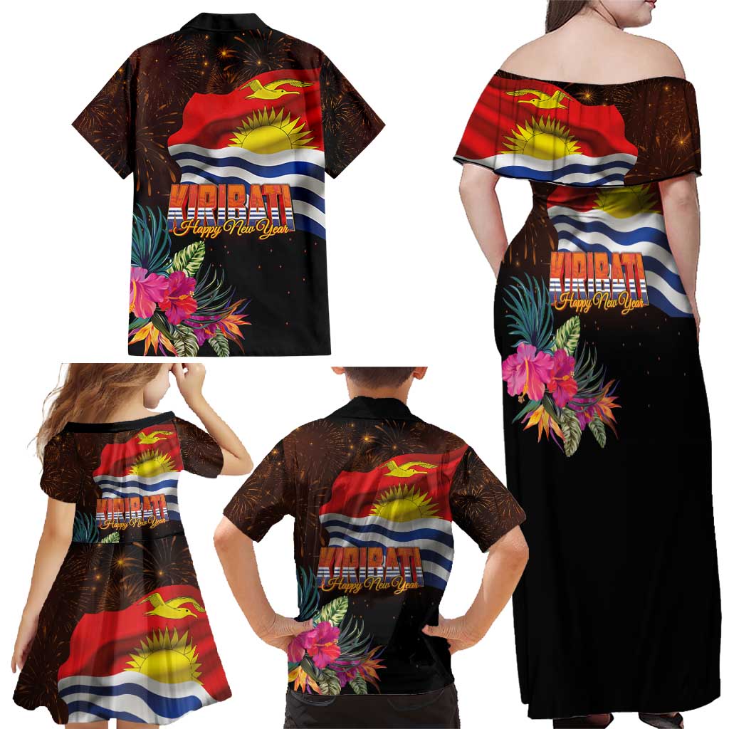 Kiribati Flag and Fireworks Family Matching Off Shoulder Maxi Dress and Hawaiian Shirt First Place Welcome the New Year - Polynesian Pride