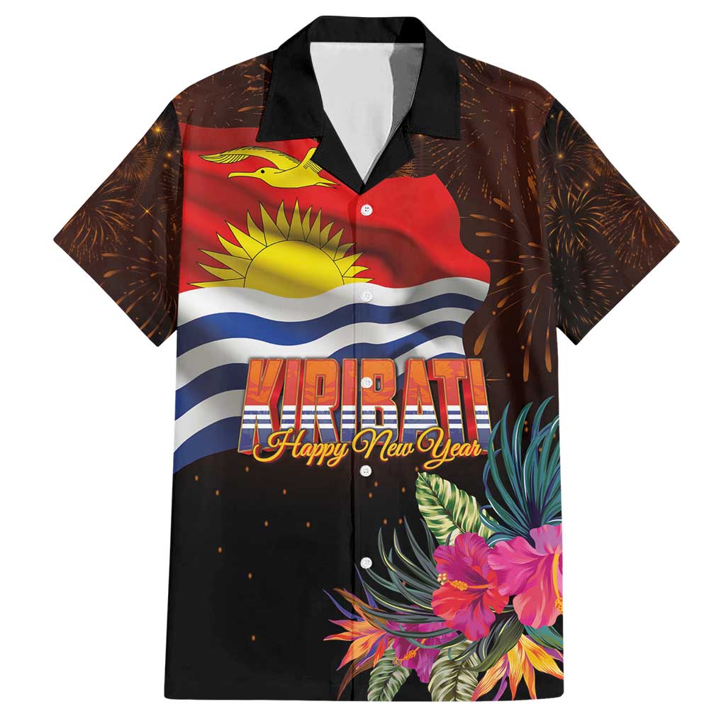 Kiribati Flag and Fireworks Family Matching Short Sleeve Bodycon Dress and Hawaiian Shirt First Place Welcome the New Year - Polynesian Pride