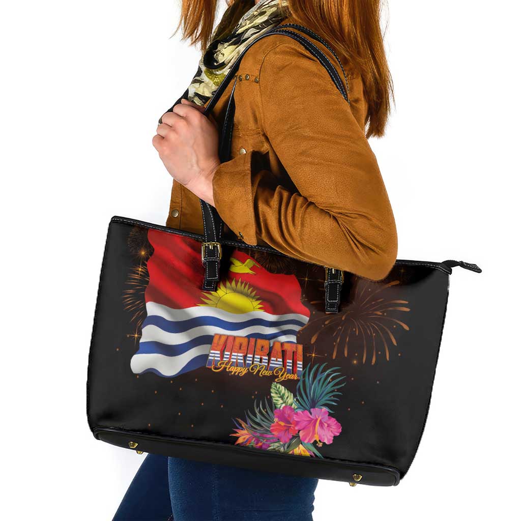 Kiribati Flag and Fireworks Leather Tote Bag First Place Welcome the New Year - Polynesian Pride