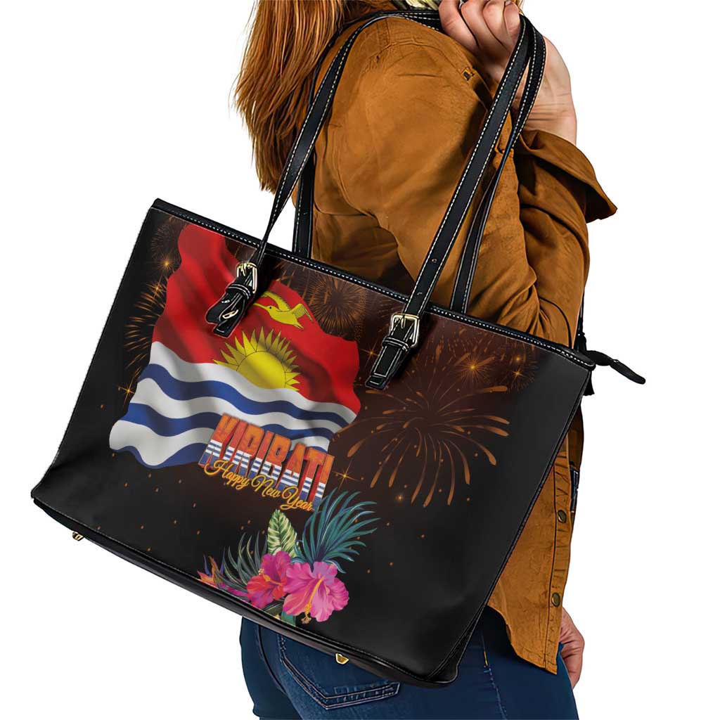 Kiribati Flag and Fireworks Leather Tote Bag First Place Welcome the New Year - Polynesian Pride