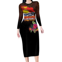 Kiribati Flag and Fireworks Long Sleeve Bodycon Dress First Place Welcome the New Year - Polynesian Pride