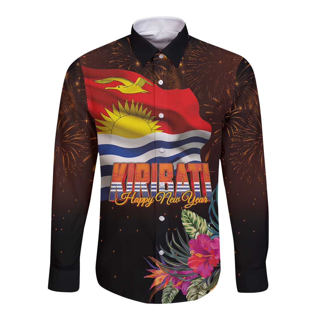 Kiribati Flag and Fireworks Long Sleeve Button Shirt First Place Welcome the New Year LT03 Unisex Black - Polynesian Pride