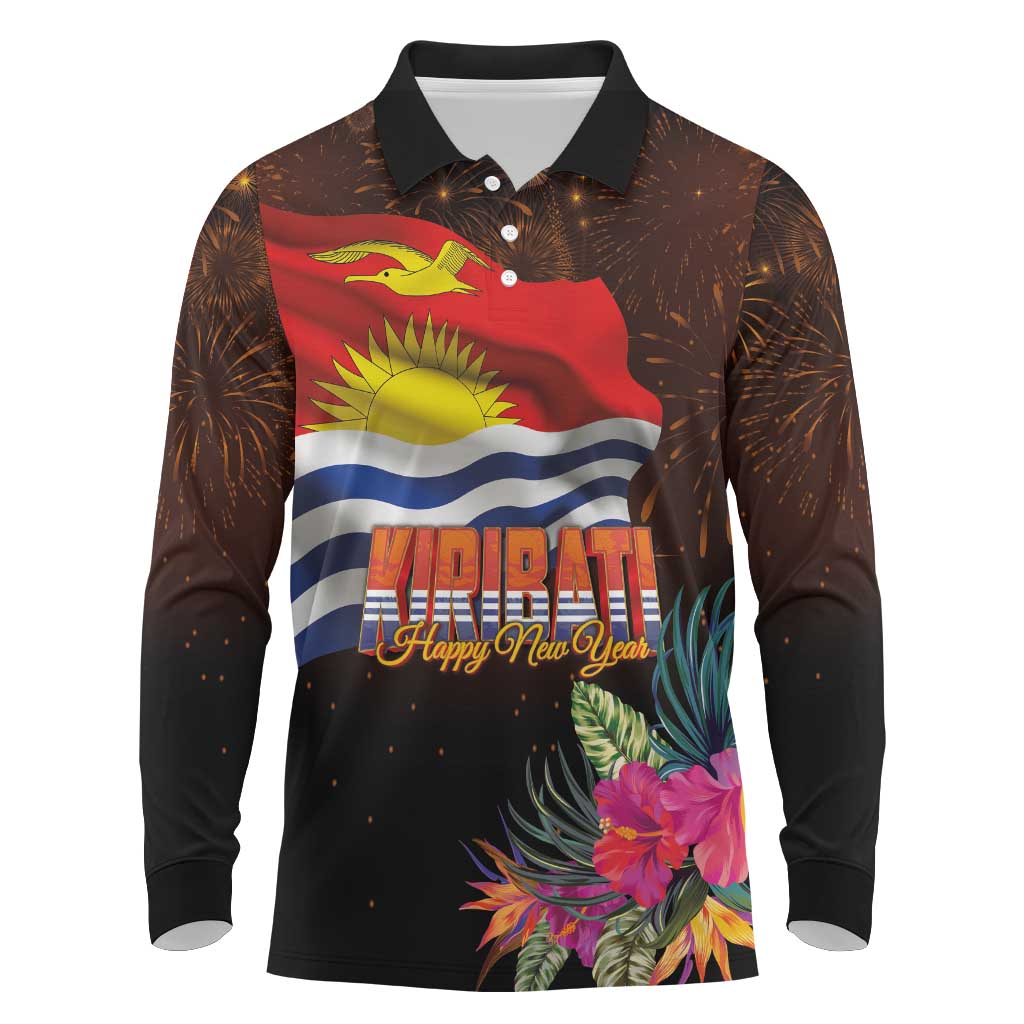 Kiribati Flag and Fireworks Long Sleeve Polo Shirt First Place Welcome the New Year LT03 Black - Polynesian Pride