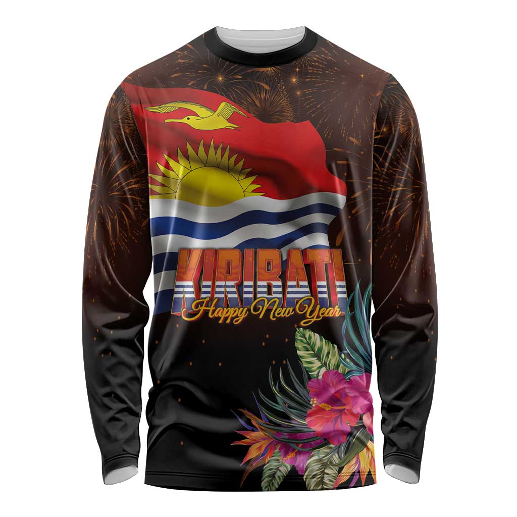 Kiribati Flag and Fireworks Long Sleeve Shirt First Place Welcome the New Year LT03 Unisex Black - Polynesian Pride