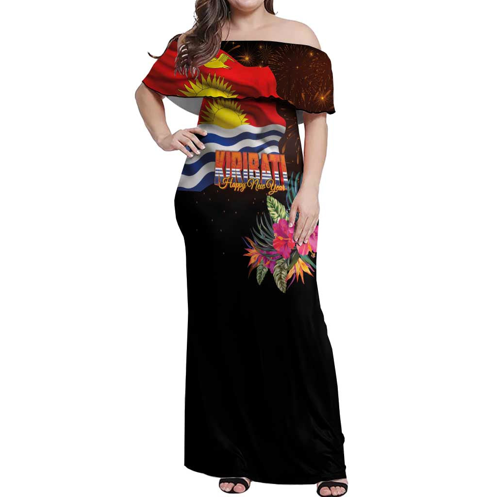 Kiribati Flag and Fireworks Off Shoulder Maxi Dress First Place Welcome the New Year LT03 Women Black - Polynesian Pride