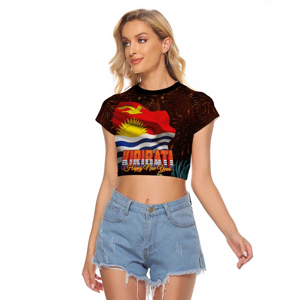 Kiribati Flag and Fireworks Raglan Cropped T Shirt First Place Welcome the New Year LT03 Female Black - Polynesian Pride